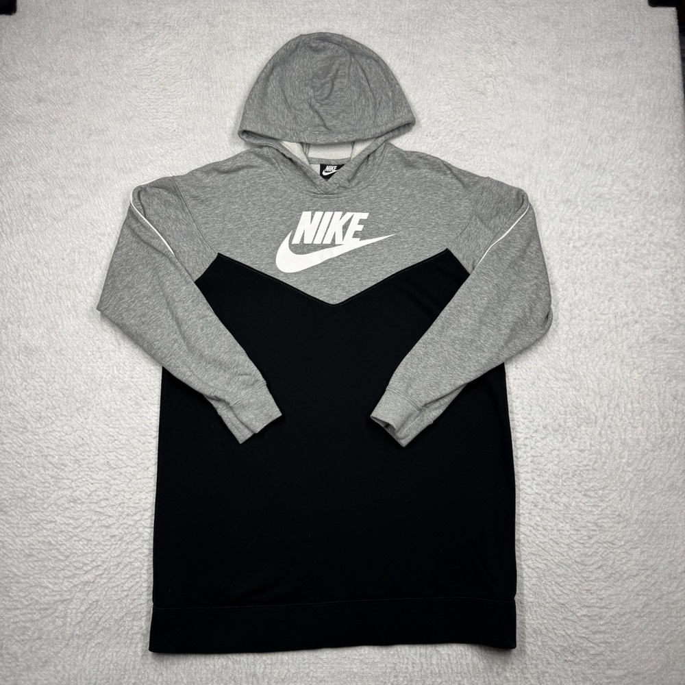 Nike Heritage Hoodie Dress Grey Black Oversized Pullover Sweatshirt Women's M